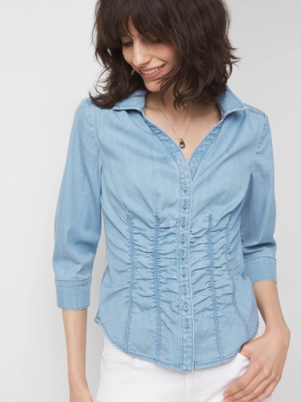 WHBM Denim Chambray Light Wash Button-Up Cinched Waist Minimalist Staple Sz 10